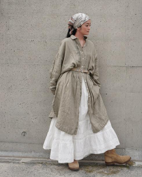Linen Tuck Shirt Dress / Khakibeige・Frenchblue
